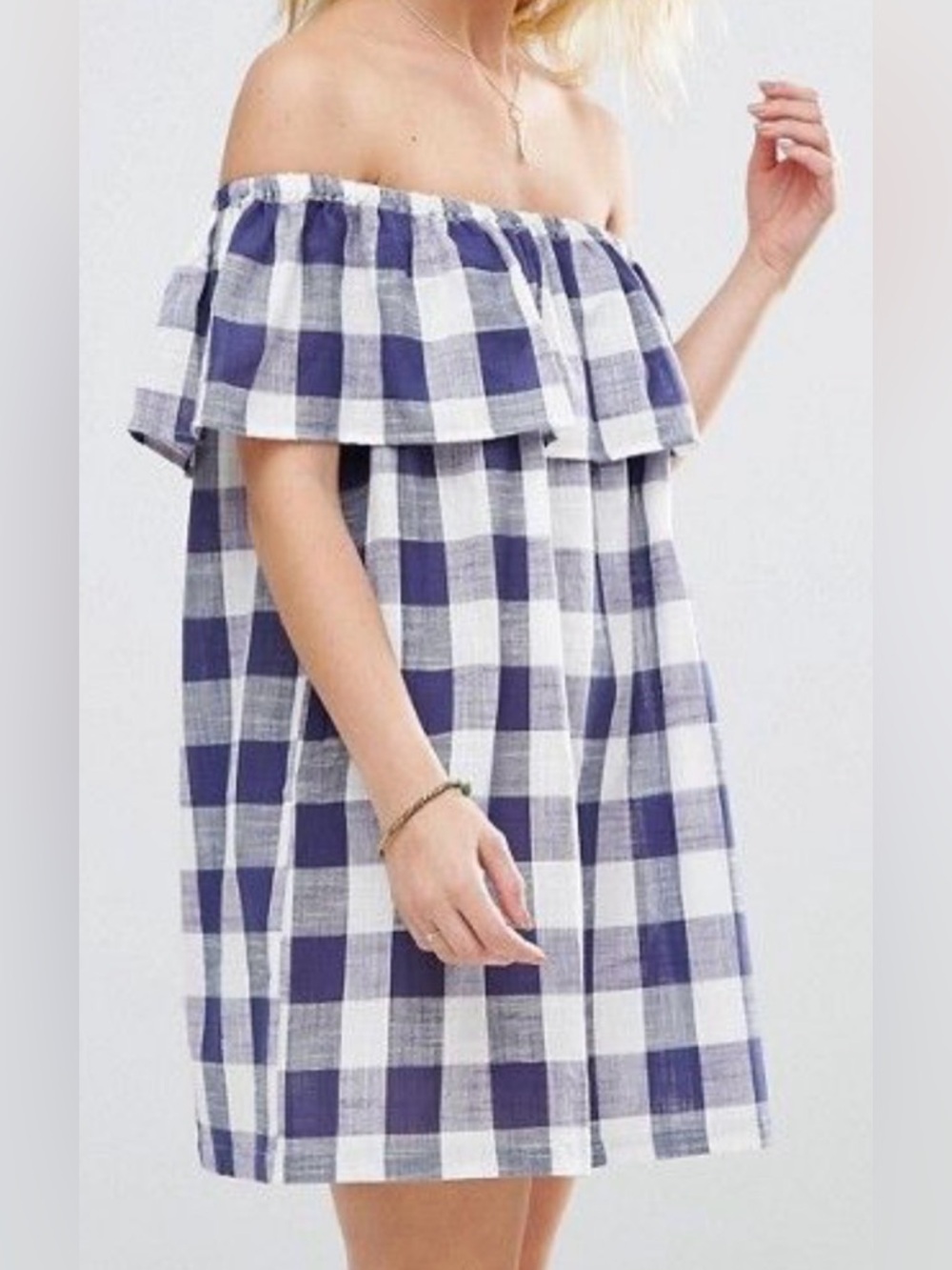 ASOS Navy and White Gingham Off-Shoulder Dress